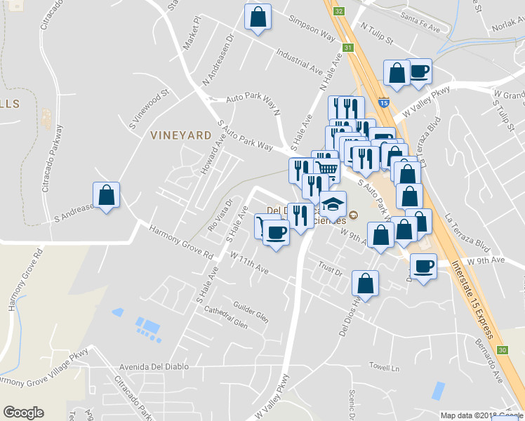map of restaurants, bars, coffee shops, grocery stores, and more near 920 South Hale Avenue in Escondido