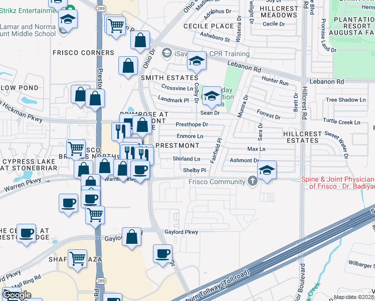 map of restaurants, bars, coffee shops, grocery stores, and more near 9613 Prestmont Place in Frisco