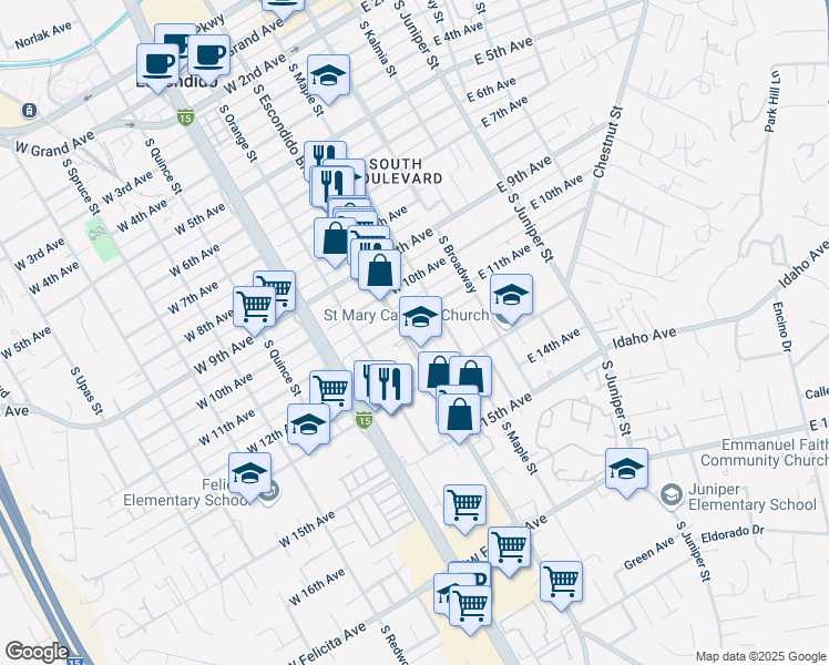 map of restaurants, bars, coffee shops, grocery stores, and more near 1104 South Escondido Boulevard in Escondido