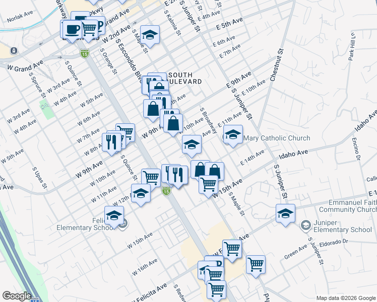 map of restaurants, bars, coffee shops, grocery stores, and more near 1104 South Escondido Boulevard in Escondido