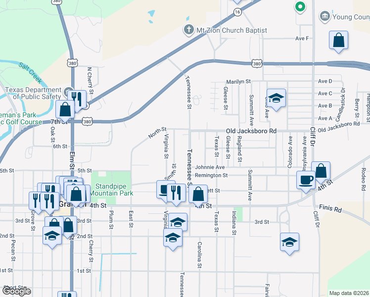 map of restaurants, bars, coffee shops, grocery stores, and more near 300 Tennessee Street in Graham