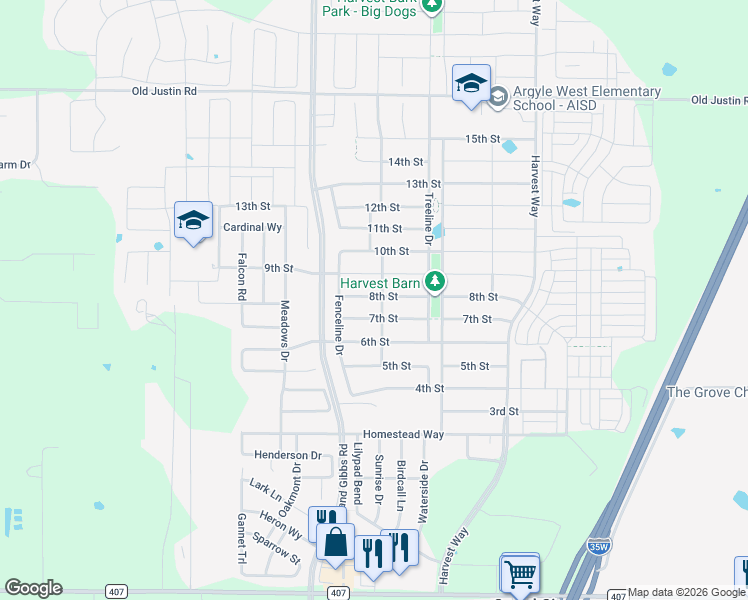 map of restaurants, bars, coffee shops, grocery stores, and more near 1505 8th Street in Argyle