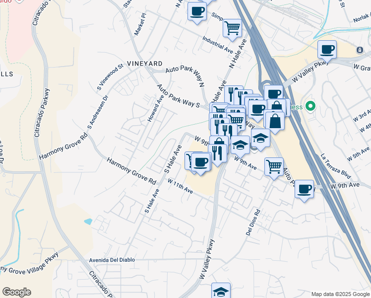 map of restaurants, bars, coffee shops, grocery stores, and more near 1605 West 9th Avenue in Escondido