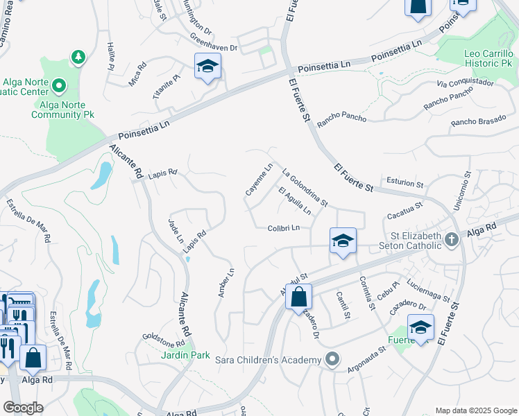 map of restaurants, bars, coffee shops, grocery stores, and more near 6502 La Paloma Street in Carlsbad