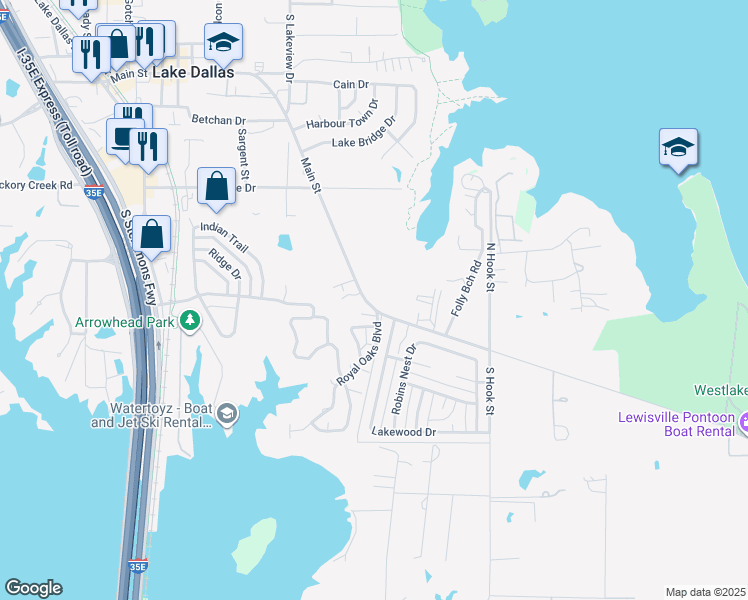 map of restaurants, bars, coffee shops, grocery stores, and more near 742 Main Street in Lake Dallas