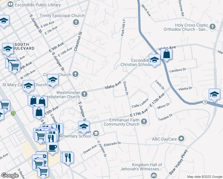 map of restaurants, bars, coffee shops, grocery stores, and more near 445 Idaho Avenue in Escondido