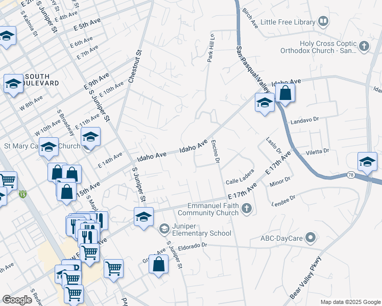 map of restaurants, bars, coffee shops, grocery stores, and more near 445 Idaho Avenue in Escondido
