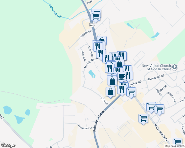 map of restaurants, bars, coffee shops, grocery stores, and more near 2541 Melody Way Northwest in Milledgeville