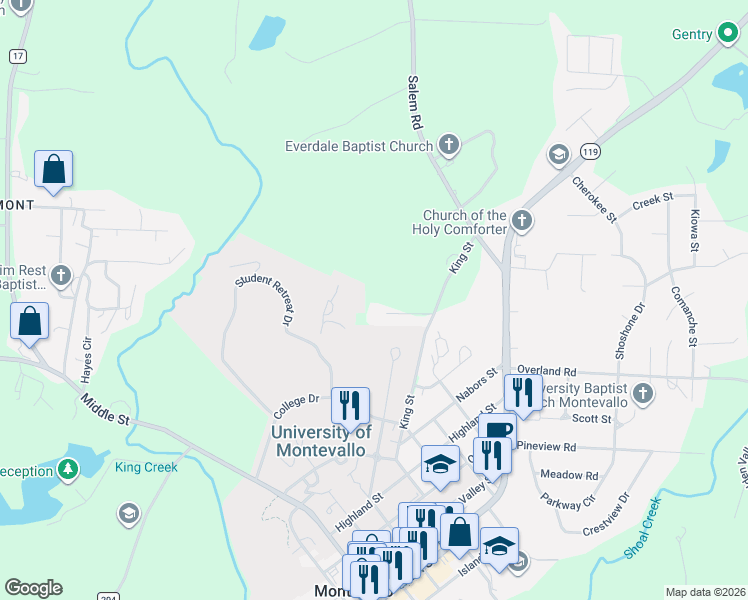 map of restaurants, bars, coffee shops, grocery stores, and more near 250 Cardinal Crest Drive in Montevallo