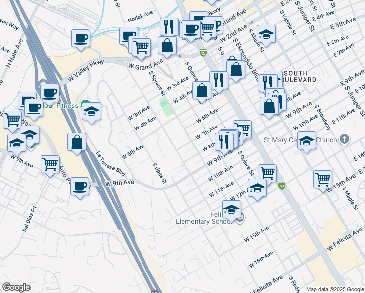 map of restaurants, bars, coffee shops, grocery stores, and more near 824 West 7th Avenue in Escondido
