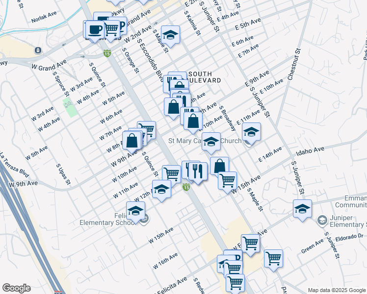 map of restaurants, bars, coffee shops, grocery stores, and more near 1020 South Orange Street in Escondido