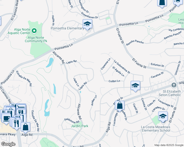 map of restaurants, bars, coffee shops, grocery stores, and more near 2386 Lapis Road in Carlsbad