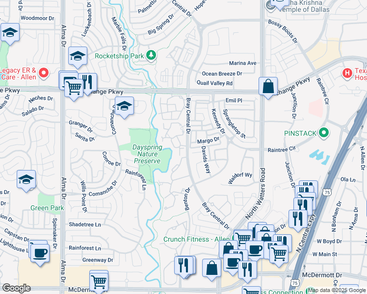 map of restaurants, bars, coffee shops, grocery stores, and more near 705 Bray Central Drive in Allen