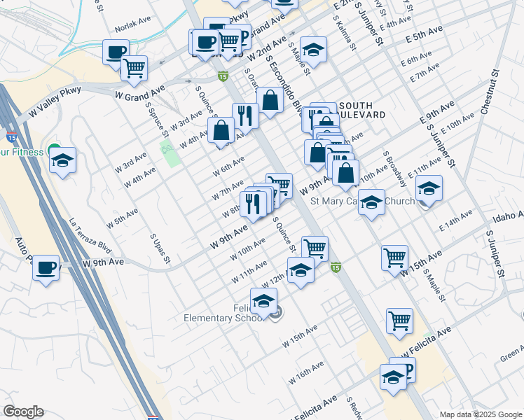 map of restaurants, bars, coffee shops, grocery stores, and more near 626 West 9th Avenue in Escondido