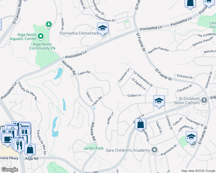 map of restaurants, bars, coffee shops, grocery stores, and more near 2386 Lapis Road in Carlsbad