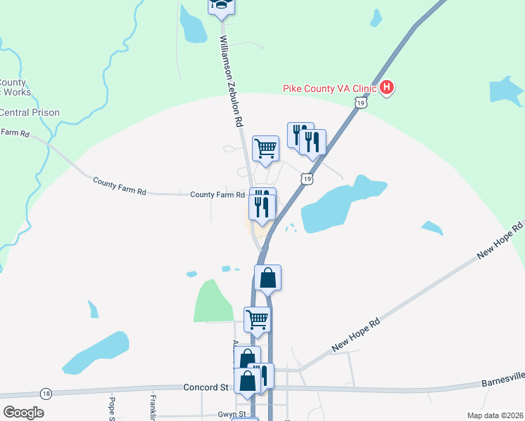 map of restaurants, bars, coffee shops, grocery stores, and more near 8945 U.S. 19 in Zebulon