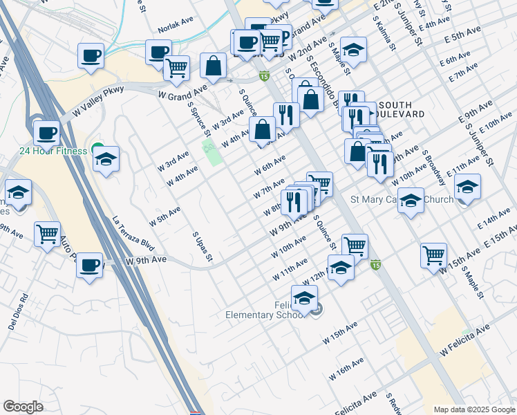 map of restaurants, bars, coffee shops, grocery stores, and more near 752 1/2 West 8th Avenue in Escondido