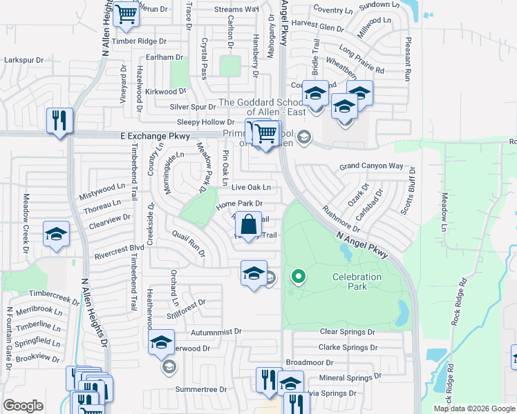 map of restaurants, bars, coffee shops, grocery stores, and more near 1534 Home Park Drive in Allen