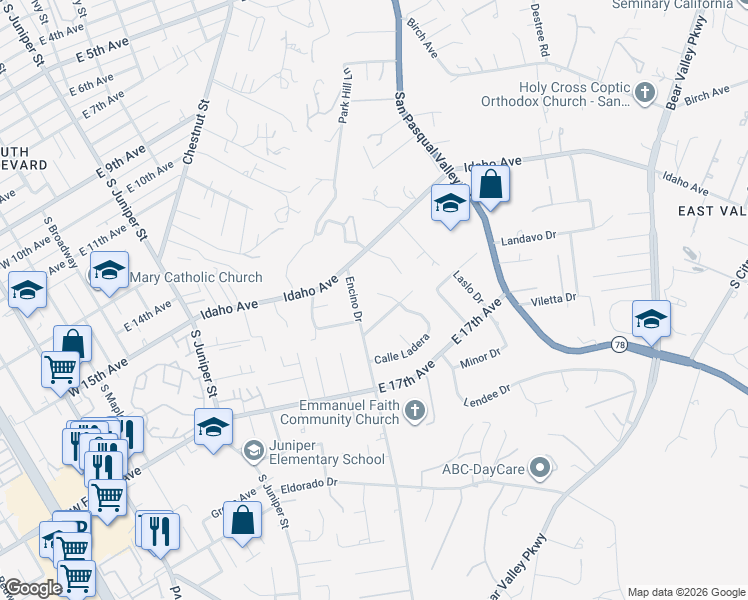 map of restaurants, bars, coffee shops, grocery stores, and more near 1555 Baltimore Place in Escondido