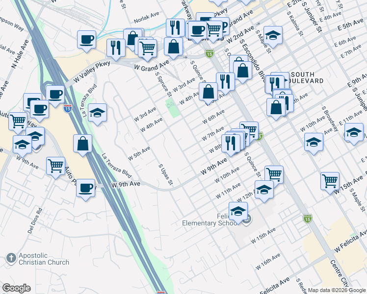 map of restaurants, bars, coffee shops, grocery stores, and more near 850 West 7th Avenue in Escondido