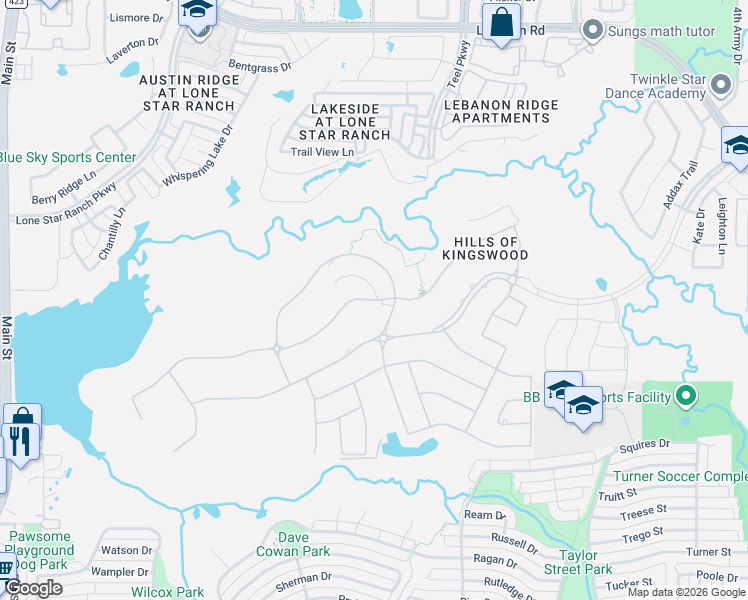 map of restaurants, bars, coffee shops, grocery stores, and more near Lilac Lane in Frisco
