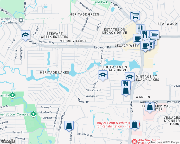 map of restaurants, bars, coffee shops, grocery stores, and more near 4561 Venetian Way in Frisco