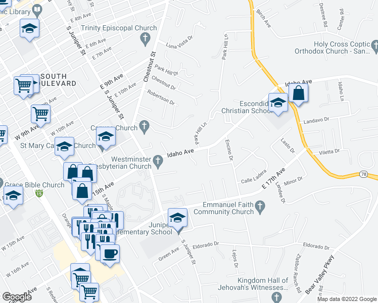 map of restaurants, bars, coffee shops, grocery stores, and more near Idaho Ave & Wilma Pl in Escondido