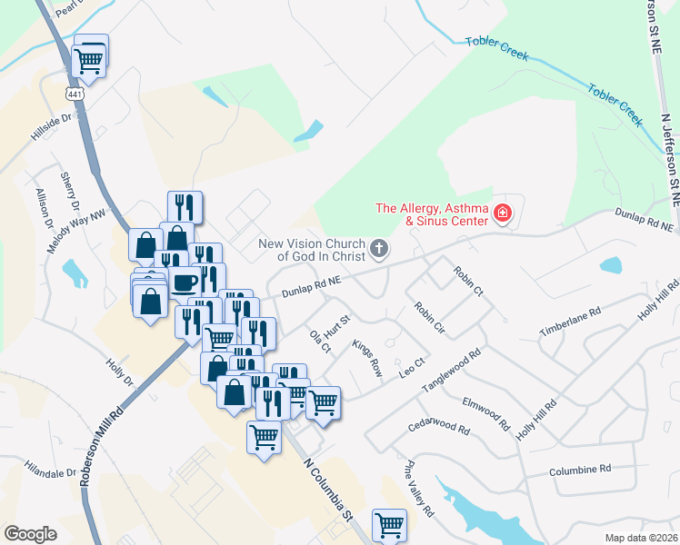 map of restaurants, bars, coffee shops, grocery stores, and more near 1016 Dunlap Road Northeast in Milledgeville