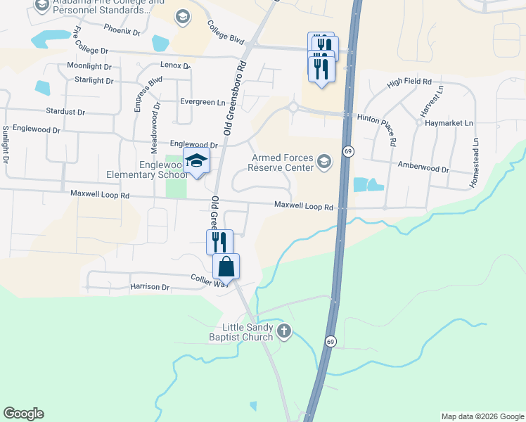 map of restaurants, bars, coffee shops, grocery stores, and more near 1515 Maxwell Loop Road in Tuscaloosa