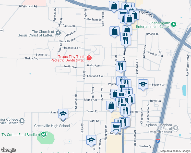 map of restaurants, bars, coffee shops, grocery stores, and more near 3109 Eastland Avenue in Greenville