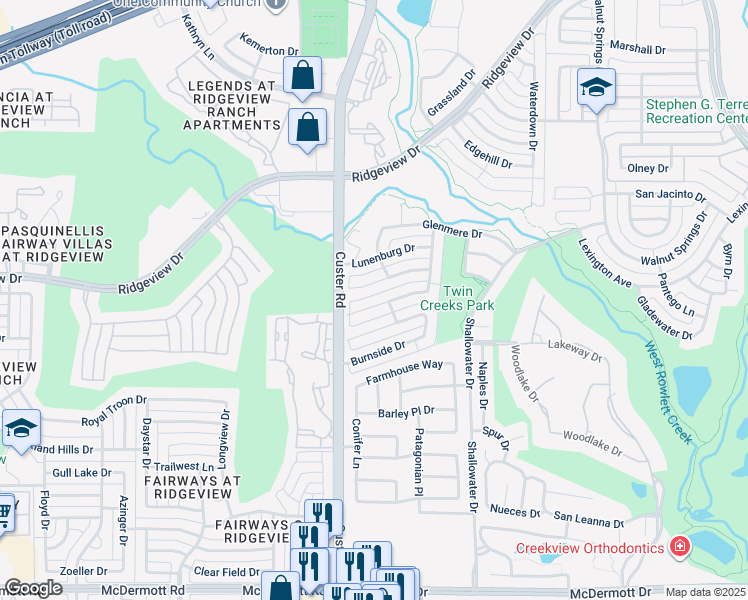 map of restaurants, bars, coffee shops, grocery stores, and more near 2022 Stonemont Court in Allen