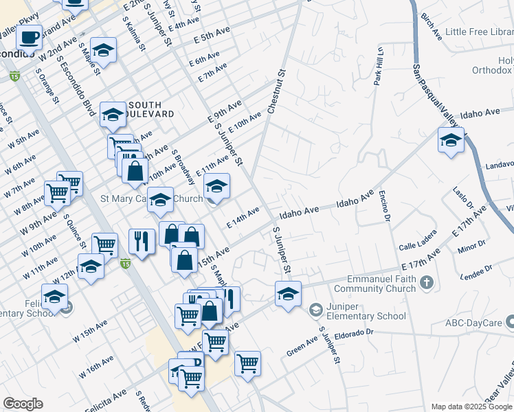 map of restaurants, bars, coffee shops, grocery stores, and more near 250 East 14th Avenue in Escondido