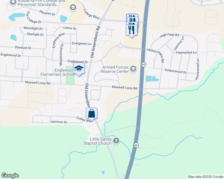 map of restaurants, bars, coffee shops, grocery stores, and more near 1515 Maxwell Loop Road in Tuscaloosa