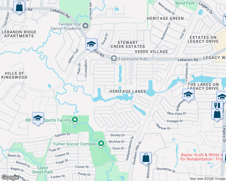 map of restaurants, bars, coffee shops, grocery stores, and more near 3642 Roosevelt Drive in Frisco