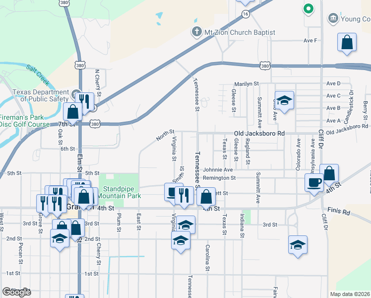 map of restaurants, bars, coffee shops, grocery stores, and more near 300 Tennessee Street in Graham