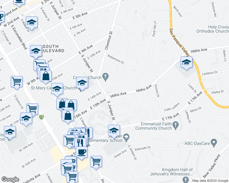 map of restaurants, bars, coffee shops, grocery stores, and more near 336 Idaho Avenue in Escondido