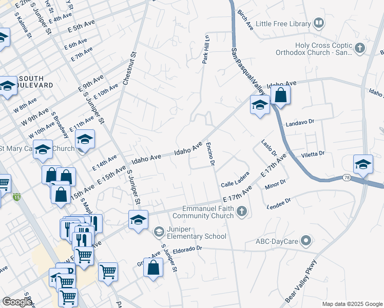 map of restaurants, bars, coffee shops, grocery stores, and more near 1512 Robyn Road in Escondido