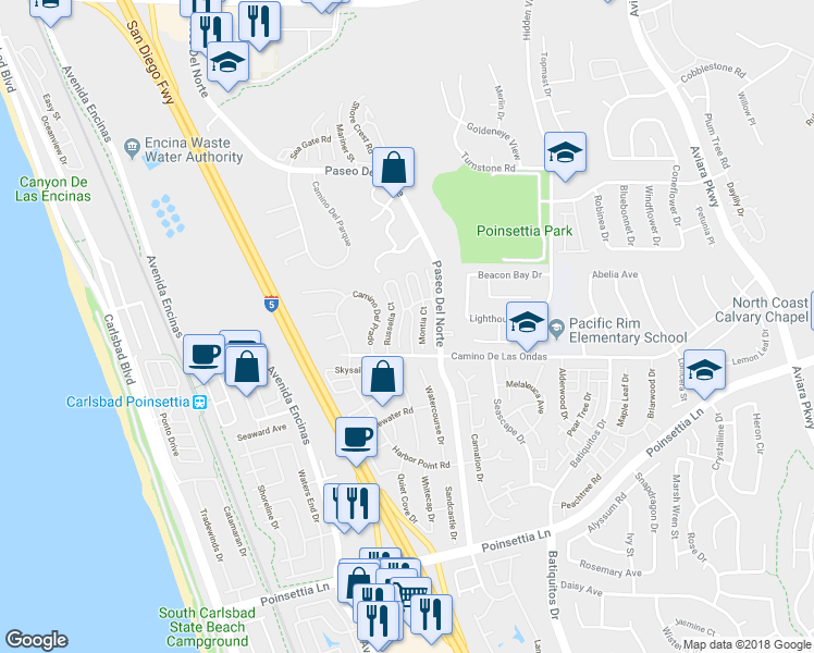 map of restaurants, bars, coffee shops, grocery stores, and more near 6745 Nepeta Way in Carlsbad