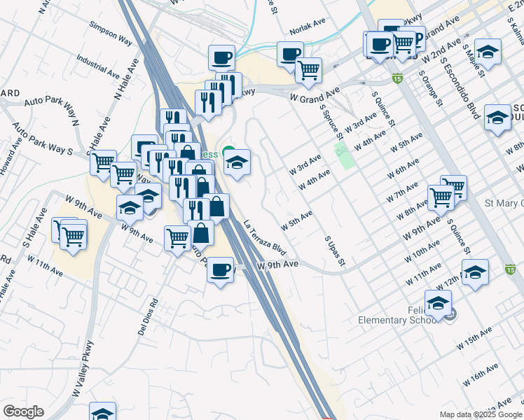 map of restaurants, bars, coffee shops, grocery stores, and more near 361 Howell Heights Drive in Escondido