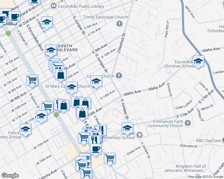 map of restaurants, bars, coffee shops, grocery stores, and more near 1341 South Juniper Street in Escondido