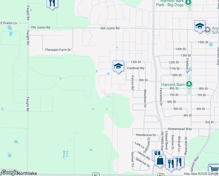 map of restaurants, bars, coffee shops, grocery stores, and more near 8801 Thompson Road in Northlake