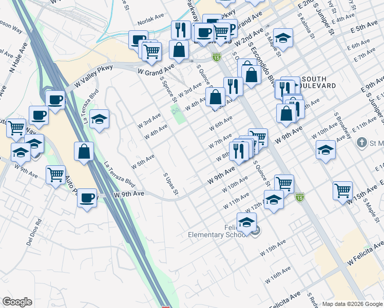 map of restaurants, bars, coffee shops, grocery stores, and more near 820 West 7th Avenue in Escondido
