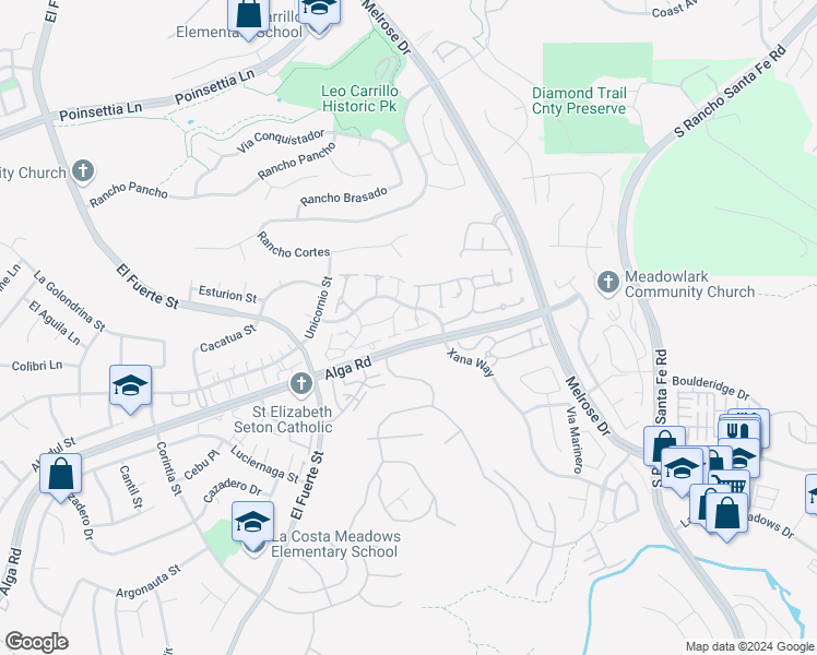 map of restaurants, bars, coffee shops, grocery stores, and more near 6584 Corte La Paz in Carlsbad