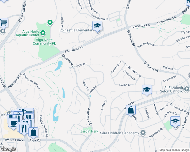 map of restaurants, bars, coffee shops, grocery stores, and more near 2381 Larimar Avenue in Carlsbad