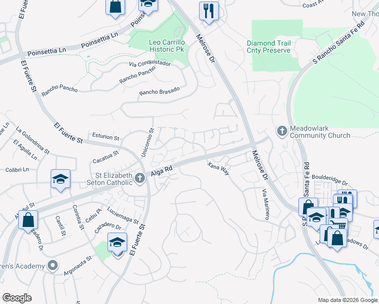 map of restaurants, bars, coffee shops, grocery stores, and more near 6561 Corte Cisco in Carlsbad