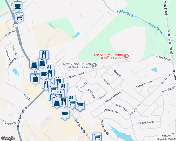 map of restaurants, bars, coffee shops, grocery stores, and more near 1016 Dunlap Road Northeast in Milledgeville