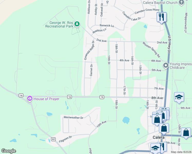 map of restaurants, bars, coffee shops, grocery stores, and more near 1071 Garnet Drive in Calera