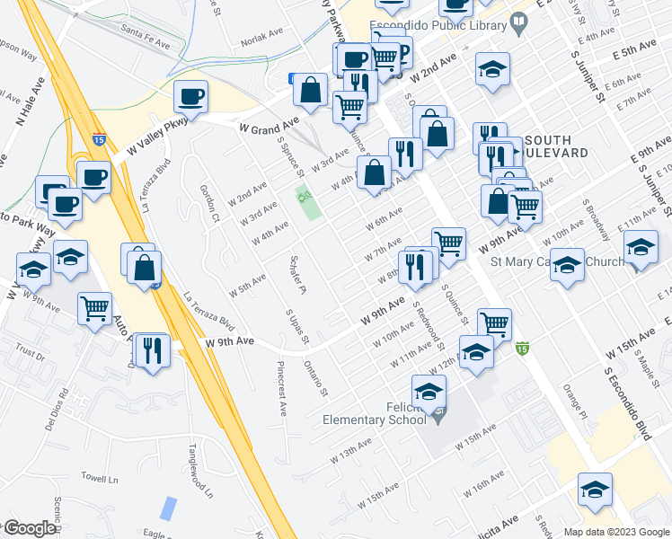 map of restaurants, bars, coffee shops, grocery stores, and more near 822 West 7th Avenue in Escondido