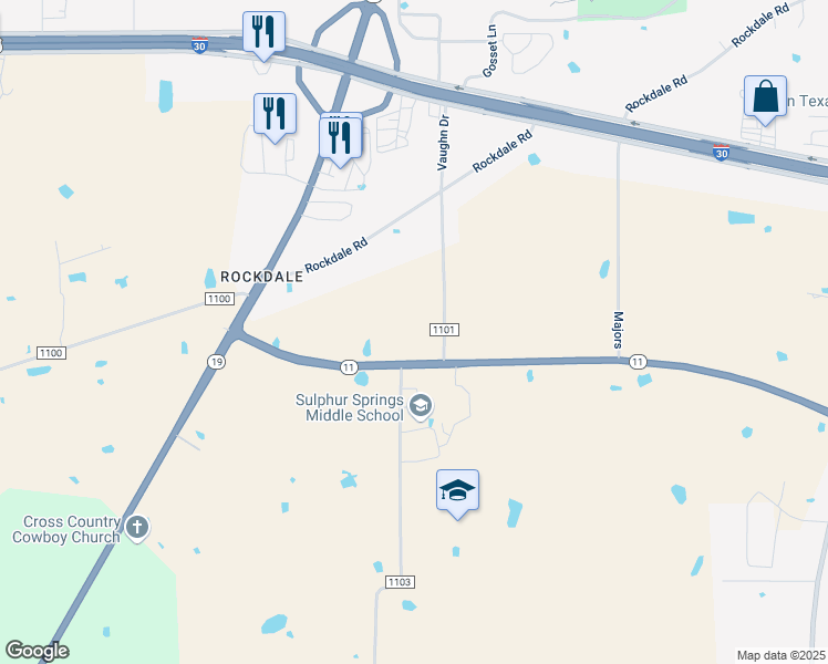 map of restaurants, bars, coffee shops, grocery stores, and more near 876 Wildcat Way in Sulphur Springs