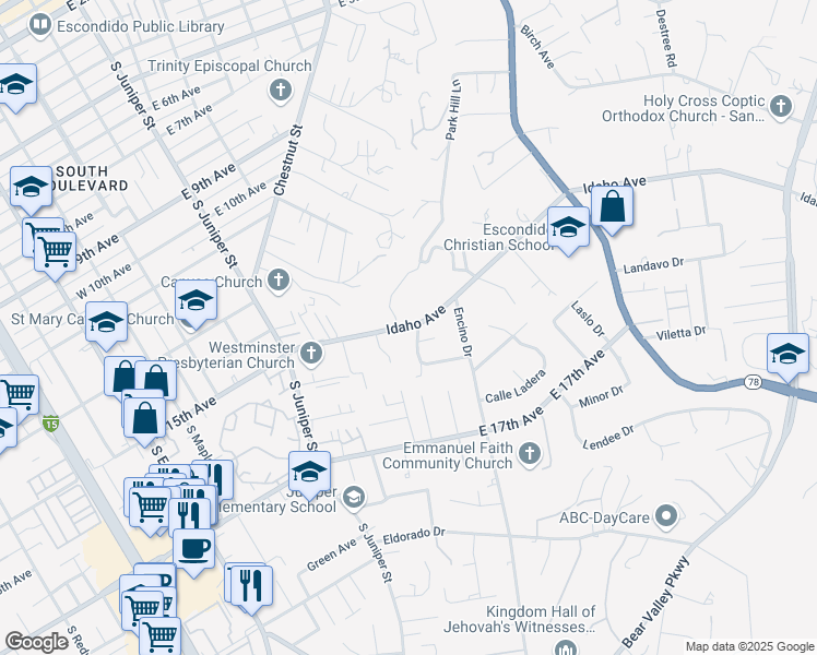 map of restaurants, bars, coffee shops, grocery stores, and more near 1512 Robyn Road in Escondido